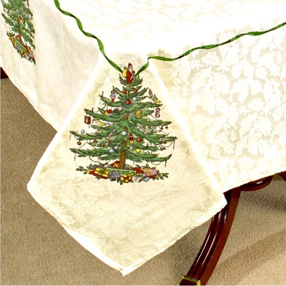 Spode Christmas Tree Oblong Damask Jacquard Tablecloth 60 x 120” & 8 Napkins NWT - Picture 6 of 12